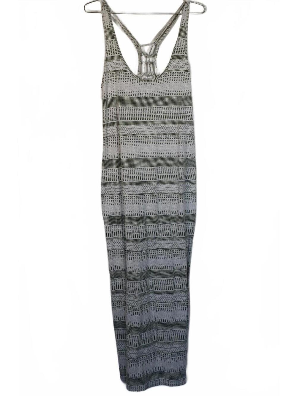 Obey maxi dress with geometric print green striping and leg slit‎ size Medium